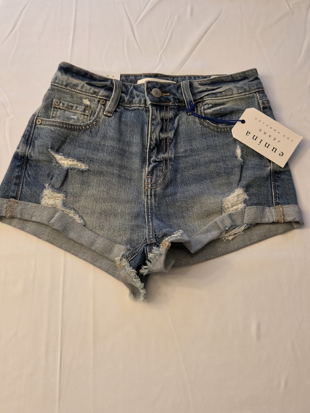 eunina Light Blue Distressed Rolled Hem Denim Shorts